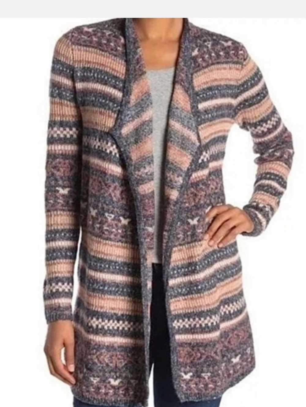Lucky Brand Open-Front Striped Fair Isle Cardigan - Pink & Gray